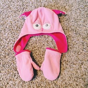 Girls Owl Hat and Mitten Set